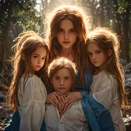 three young children with their mother hugging the young ones