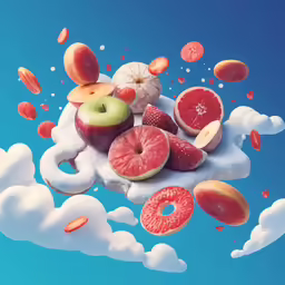 a painting of an apple, orange, grapefruit and other fruit