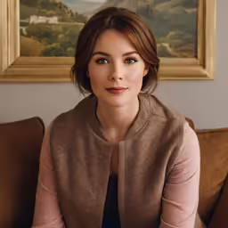 a woman is sitting on a brown couch and smiling at the camera