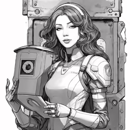 the character is a girl holding an object with arms crossed, and the background is black and