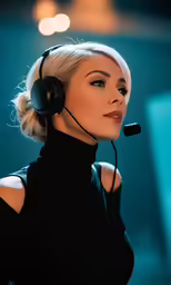 a blonde woman wearing headphones standing up in front of a screen