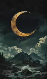 a crescent moon and stars above a lake at night