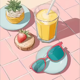 a plate of doughnuts next to a glass of juice