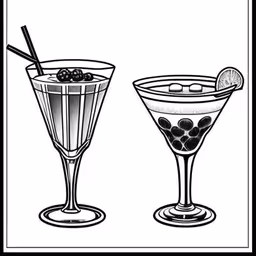 two martinis with fruit garnishes and olives on them,black and white cocktails with a fruity garnish