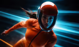 a woman with orange helmet running with lights on her back