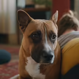 a person and their dog look into the camera
