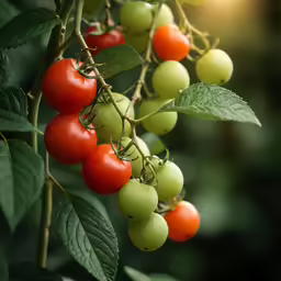 tomatoes and green berries hanging from a branch
