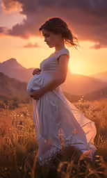 a pregnant woman standing in a field at sunset