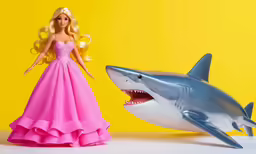 barbie in a pink gown near a white shark