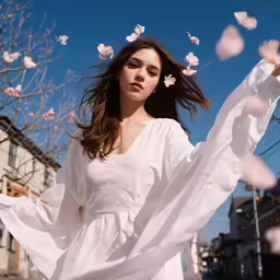 a woman in a white dress blowing a tree with pink flowers