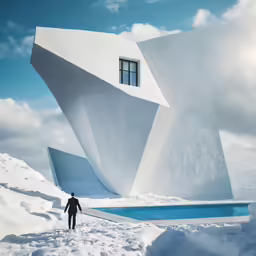 there is a man that is standing next to a large building