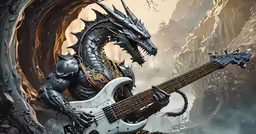 a dragon is playing the bass in front of a rock, which looks like it has been