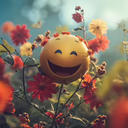 a smiley face with red flowers in the foreground