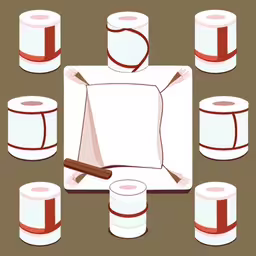 an image of different kinds of containers and some rolls,an image of a brown square with many items,illustration of a paper box with multiple paper rolls surrounding it,a table with white boxes and red ribbons,the table has a paper plate with some cups and a roll of thread