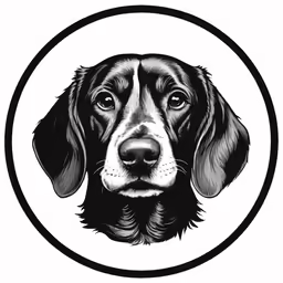 a black and white dog head with the image in a circle