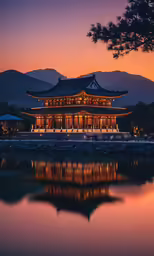 an old building sitting on top of a lake near trees