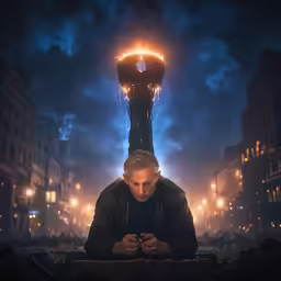 an image of a man sitting in front of a statue looking at a cellphone