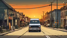 a truck driving down a street surrounded by tall buildings,a large white truck drives down the street