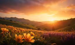 the sun is setting in the sky over flowers