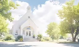 a church with several trees on either side of it
