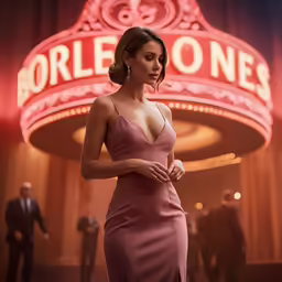 a woman in a gown poses on a red carpet at a casino