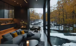 a living area with sofa, dining table and chairs, near large open window to outdoors