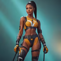 an image of a woman in armor holding a pair of guns