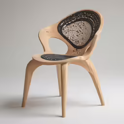 an wooden chair with a woven seat pad on it