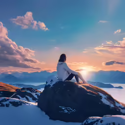 a person sitting on a large rock in the snow