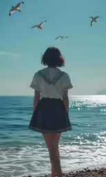 a woman wearing a short skirt looks at birds flying in the sky above a beach
