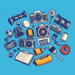 some cameras a pen and some pens and paper