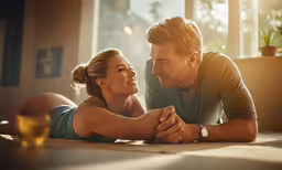 two people laying on the ground, one of them is touching his face as he looks at