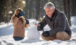 a man and woman making a snowman on the ground