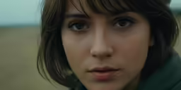 close up of female model with short hair wearing green jacket