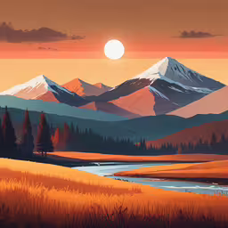 a painting of a mountain scene is shown,a large mountain and grassy meadow at sunrise