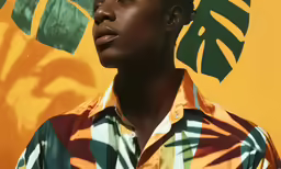 the young black man wearing colorful shirt is looking in camera