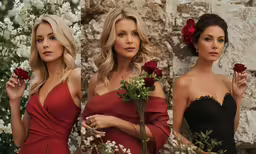 a couple of women in dresses standing next to each other