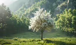 a beautiful flowery tree stands out against the backdrop of lush green hills