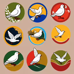 six different colored buttons with birds on them,a bird set on a brown background with eight different colored birds