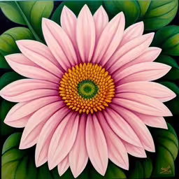 a painting of pink and yellow flower with green leaves,this is a painting of a pink flower with green leaves