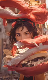 a woman in costume is holding up several balloons