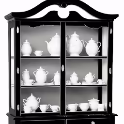 the cabinet is black with china cups and china
