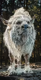 a furry, white creature stands on a rock in a forest