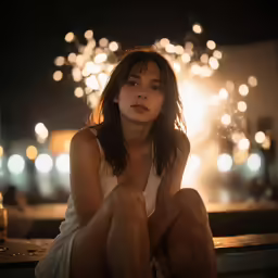 a girl in a white dress is posing with fireworks on the side