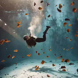 a woman is diving under water with a lot of yellow things in the air