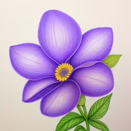 colored flower drawing on a white background with green leaves,a close up of a purple flower with green leaves
