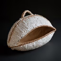 a white woven basket with brown trim on a dark surface