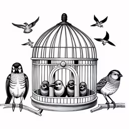 several birds in a cage while other pigeons fly around,a drawing of birds in a cage on the tree branch