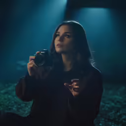 woman in black holding up a camera in the dark