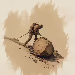a person in the desert next to a large rock